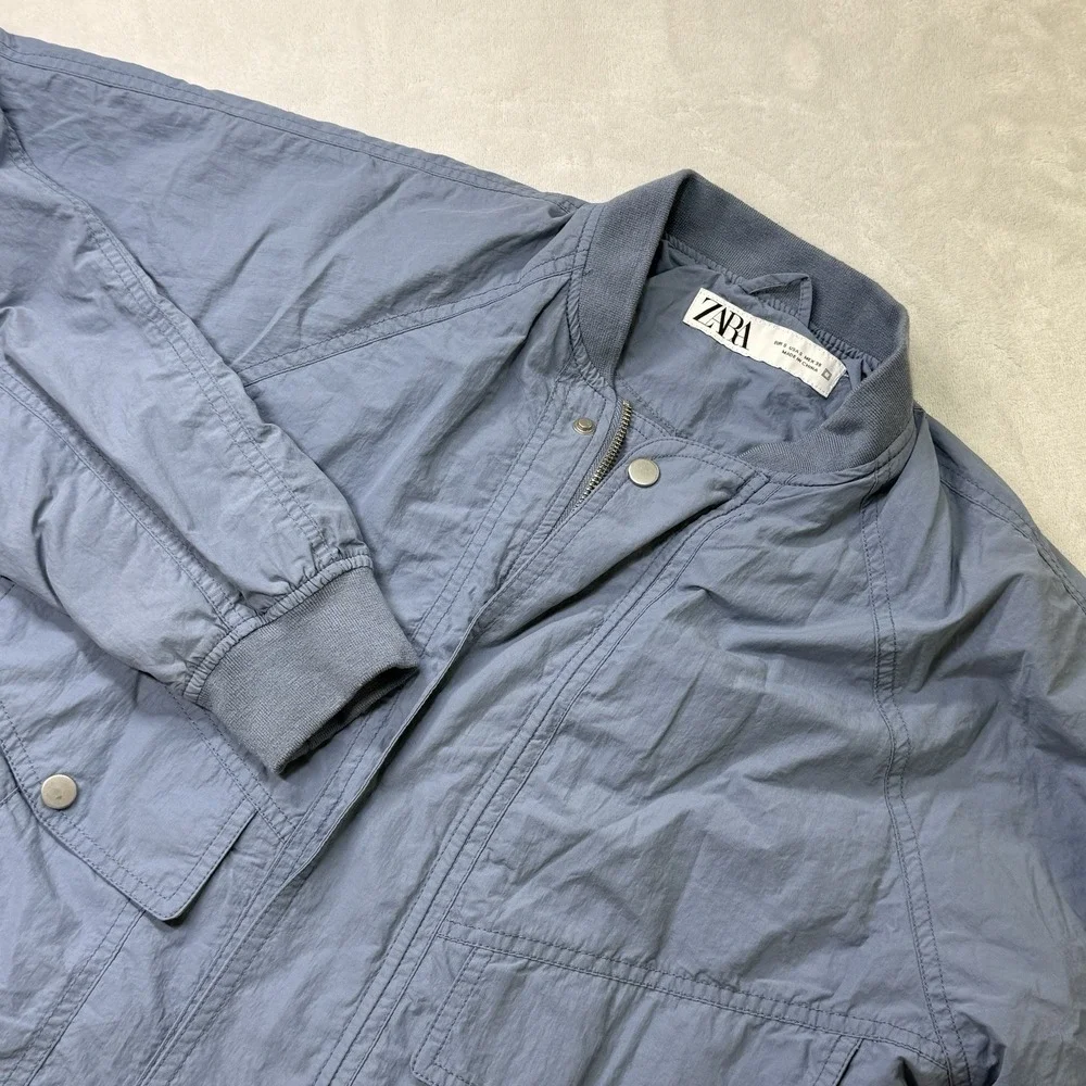 Zara Blue Bomber Jacket Mens Small Lightweight Zip Front Rib Trim Utility‎ Coat